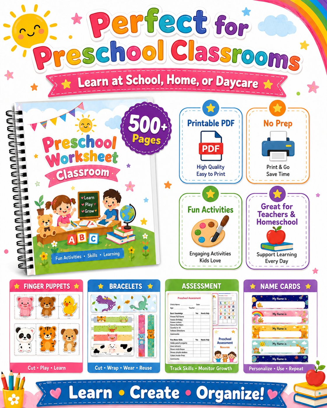 Preschool Classroom Worksheets Printable Bundle | 500+ Pages of Finger Puppets, Bracelets, Name Cards & Assessment Tools for Pre-K & Kindergarten - sproutly