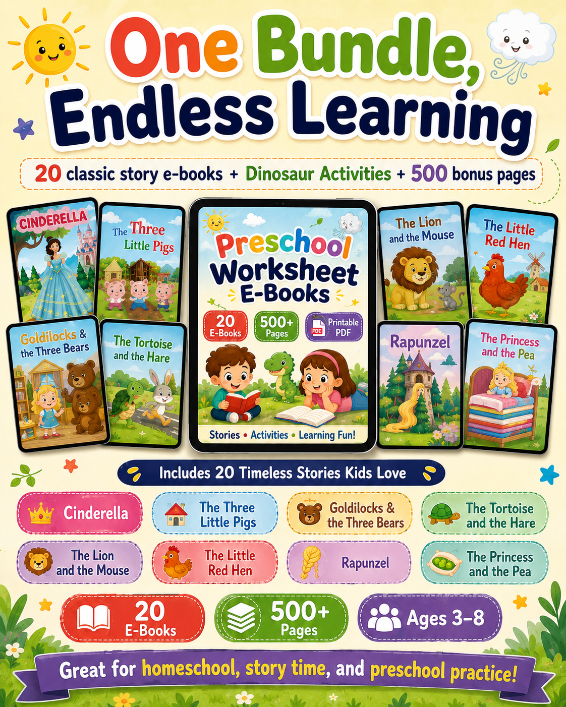 Preschool Worksheet E-Books Bundle – 20 Classic Story E-Books + Dinosaur Activities + 500 Bonus Printable Pages | Kids Reading & Activity PDFs Ages 3–8 - sproutly