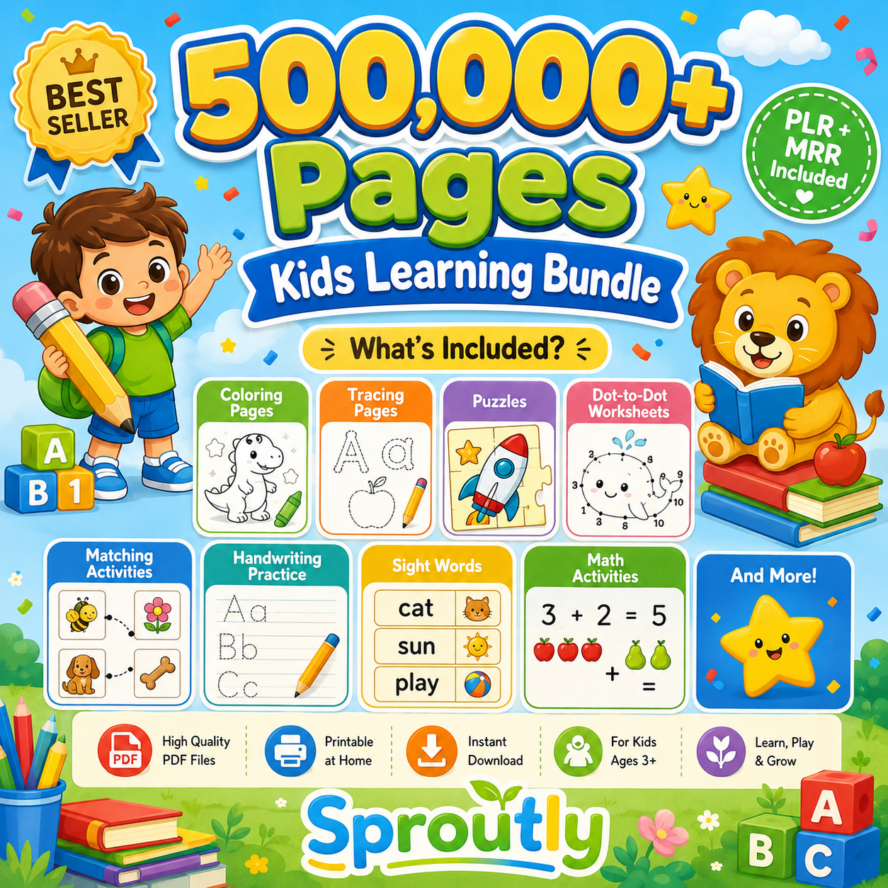 500,000+ Kids Educational Bundle PLR MRR, Printable Worksheets, Coloring Pages, Games, Preschool Learning Activities - sproutly