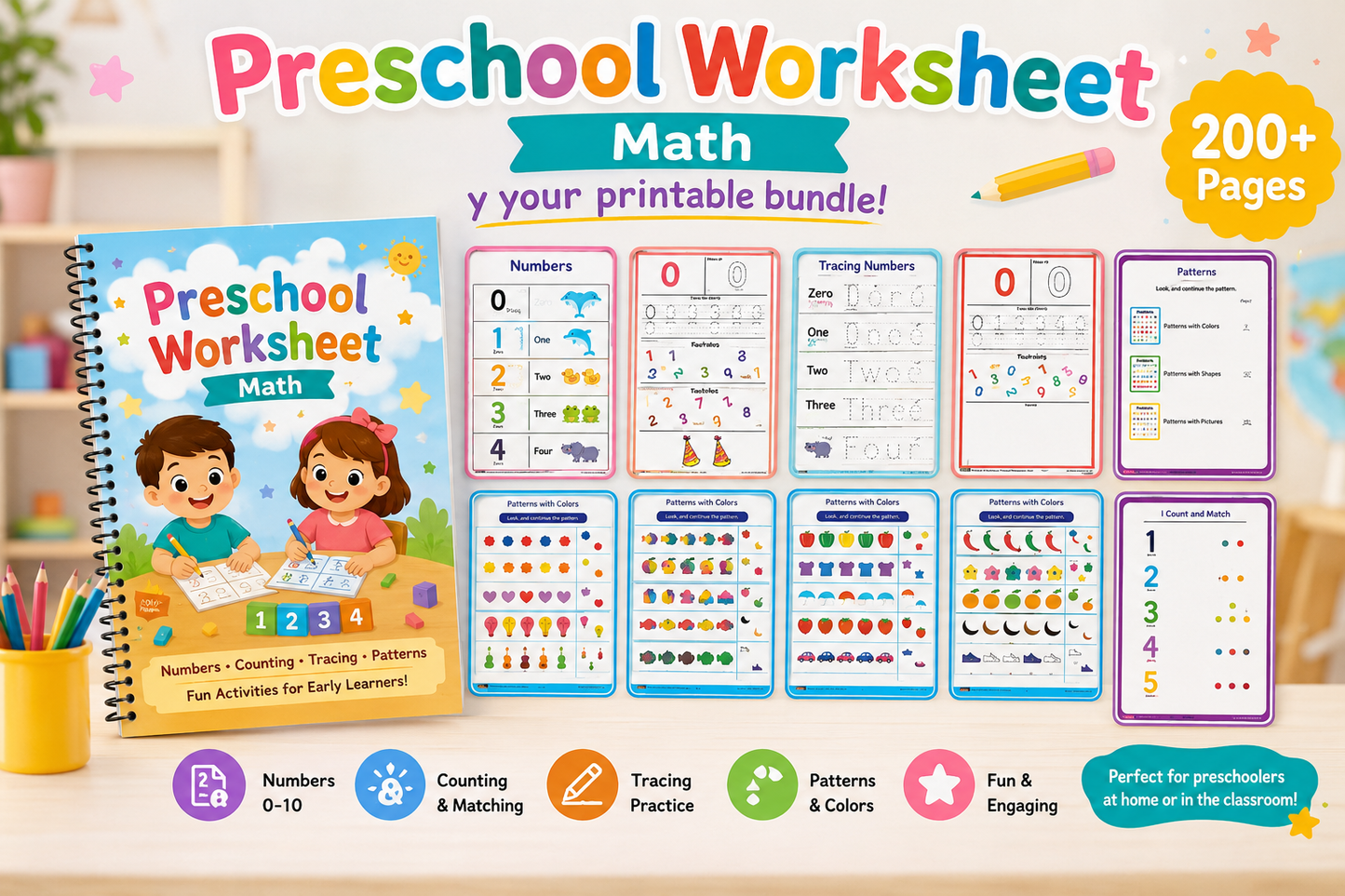 Preschool Math Worksheets Printable Bundle | Numbers 0-10 Tracing, Counting, Patterns, Pre-K &amp; Kindergarten PDF Activities