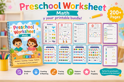 Preschool Math Worksheets Printable Bundle | Numbers 0-10 Tracing, Counting, Patterns, Pre-K &amp; Kindergarten PDF Activities