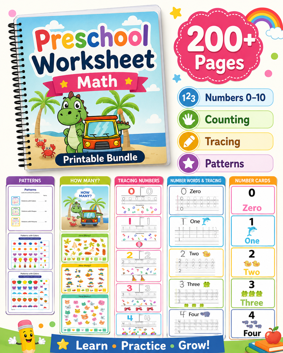 Preschool Math Worksheets Printable Bundle | Numbers 0-10 Tracing, Counting, Patterns, Pre-K &amp; Kindergarten PDF Activities