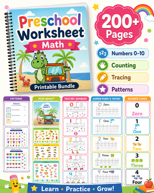 Preschool Math Worksheets Printable Bundle | Numbers 0-10 Tracing, Counting, Patterns, Pre-K &amp; Kindergarten PDF Activities