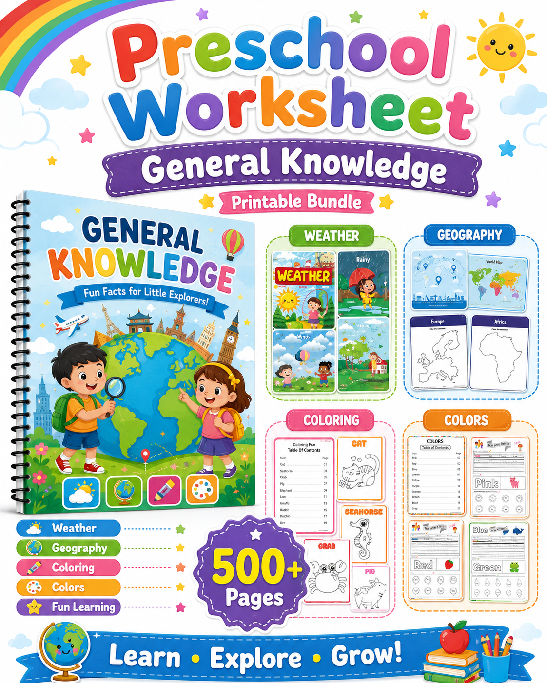 Preschool General Knowledge Worksheets Printable Bundle | 500+ Pages of Weather, Geography, Colors &amp; Coloring Activities for Kid