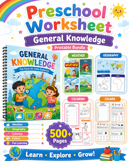 Preschool General Knowledge Worksheets Printable Bundle | 500+ Pages of Weather, Geography, Colors &amp; Coloring Activities for Kid