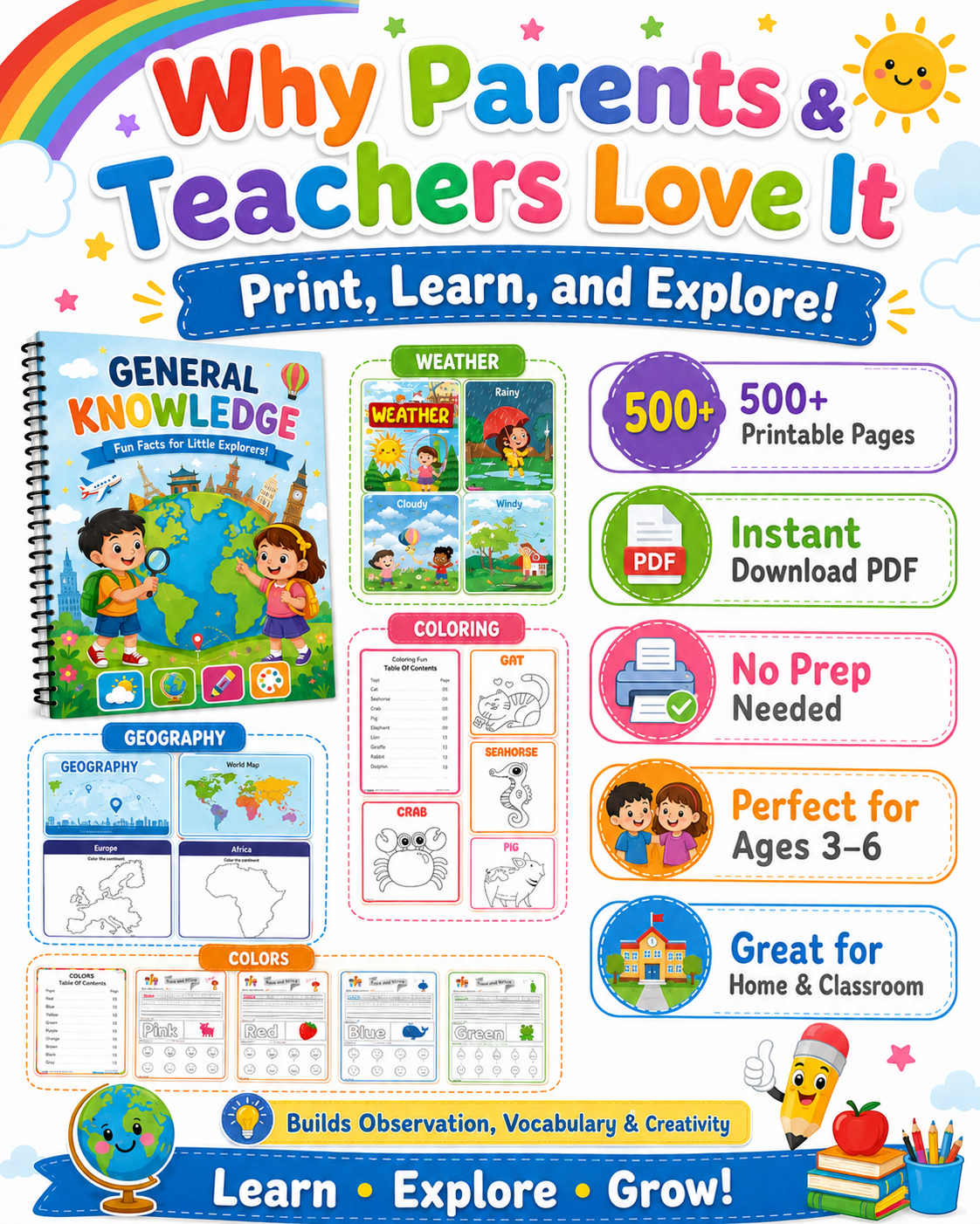 Preschool General Knowledge Worksheets Printable Bundle | 500+ Pages of Weather, Geography, Colors &amp; Coloring Activities for Kid