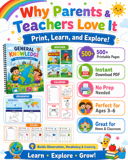 Preschool General Knowledge Worksheets Printable Bundle | 500+ Pages of Weather, Geography, Colors &amp; Coloring Activities for Kid