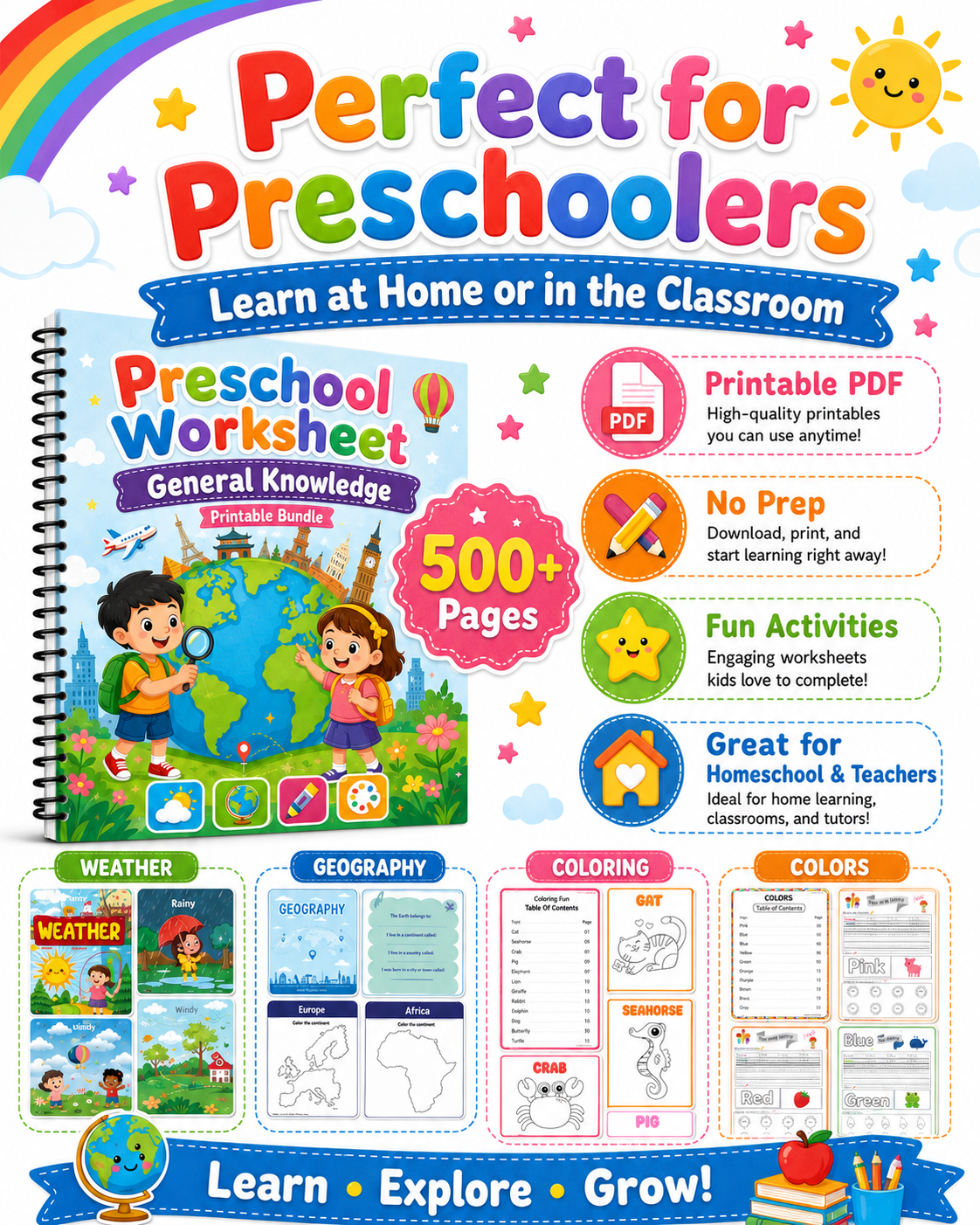 Preschool General Knowledge Worksheets Printable Bundle | 500+ Pages of Weather, Geography, Colors &amp; Coloring Activities for Kid