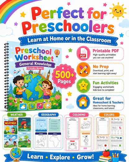 Preschool General Knowledge Worksheets Printable Bundle | 500+ Pages of Weather, Geography, Colors &amp; Coloring Activities for Kid