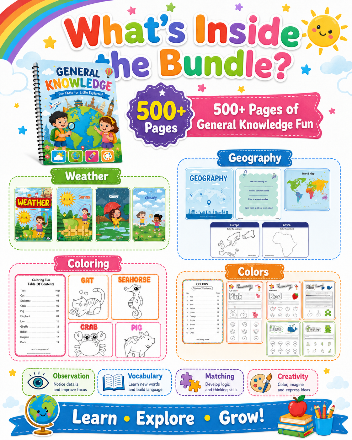 Preschool General Knowledge Worksheets Printable Bundle | 500+ Pages of Weather, Geography, Colors &amp; Coloring Activities for Kid