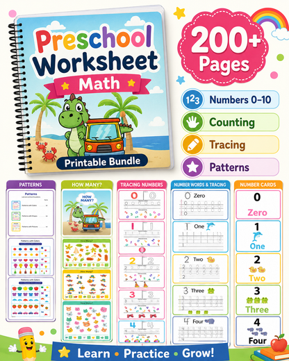 Preschool Math Worksheets Printable Bundle | Numbers 0-10 Tracing, Counting, Patterns, Pre-K &amp; Kindergarten PDF Activities