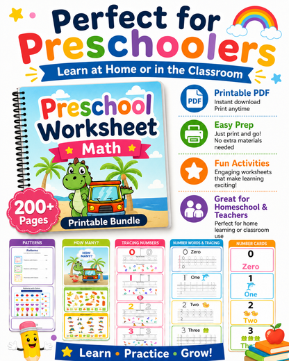Preschool Math Worksheets Printable Bundle | Numbers 0-10 Tracing, Counting, Patterns, Pre-K &amp; Kindergarten PDF Activities