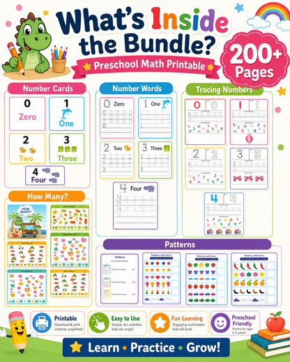 Preschool Math Worksheets Printable Bundle | Numbers 0-10 Tracing, Counting, Patterns, Pre-K &amp; Kindergarten PDF Activities