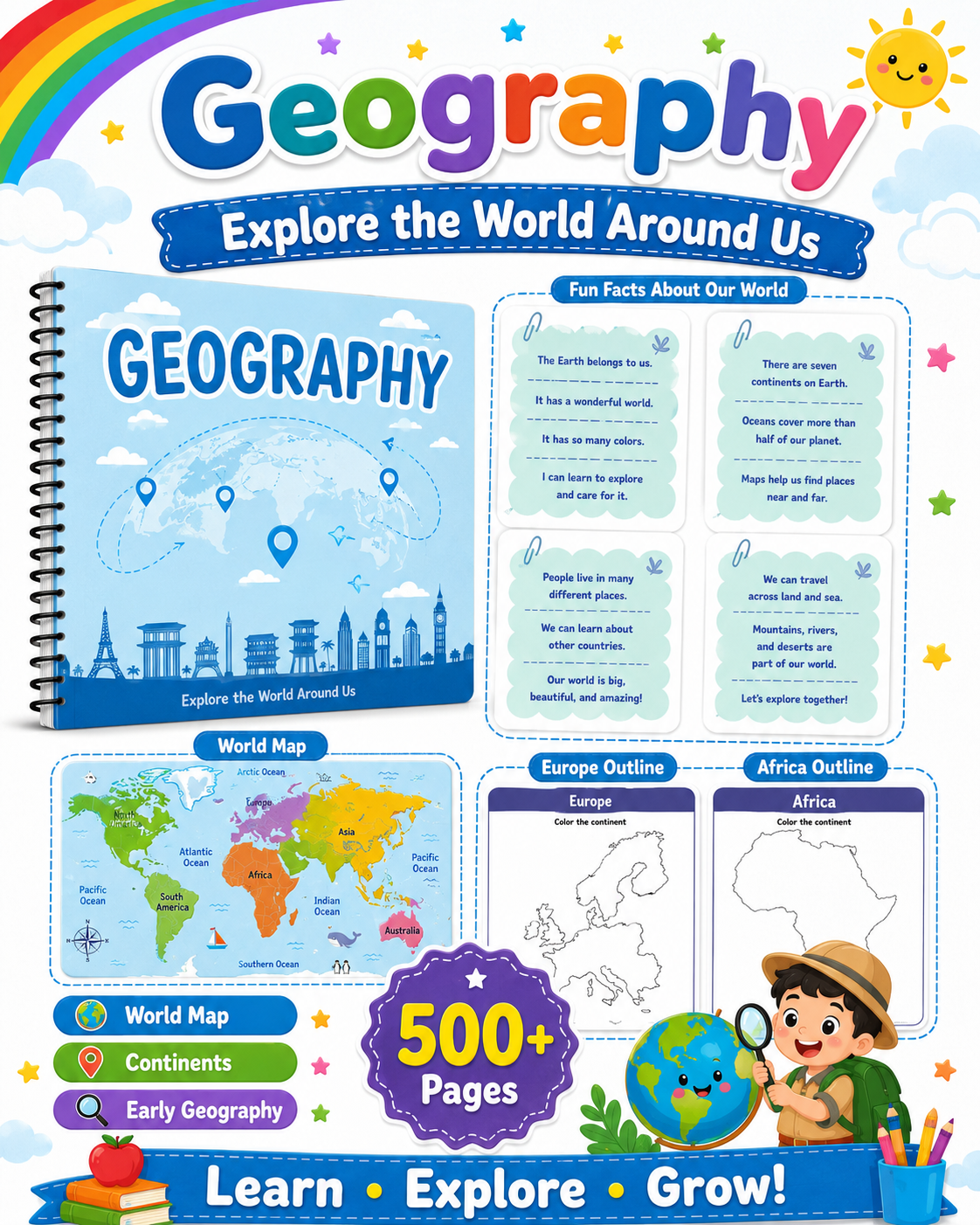 Preschool General Knowledge Worksheets Printable Bundle | 500+ Pages of Weather, Geography, Colors &amp; Coloring Activities for Kid