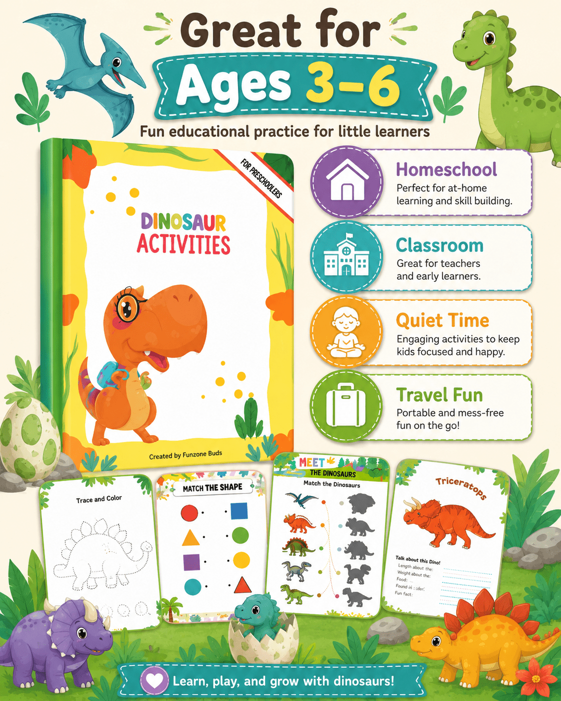 Dinosaur Activities Preschool Workbook – 31 Printable Pages + 500 Bonus Worksheets | Fun Dinosaur Activity Book for Kids Ages 3–6 | Coloring, Tracing, Matching, Cut &amp; Paste - sproutly