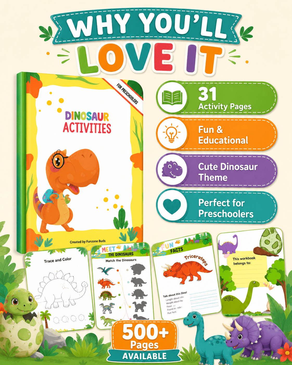 Dinosaur Activities Preschool Workbook – 31 Printable Pages + 500 Bonus Worksheets | Fun Dinosaur Activity Book for Kids Ages 3–6 | Coloring, Tracing, Matching, Cut &amp; Paste - sproutly