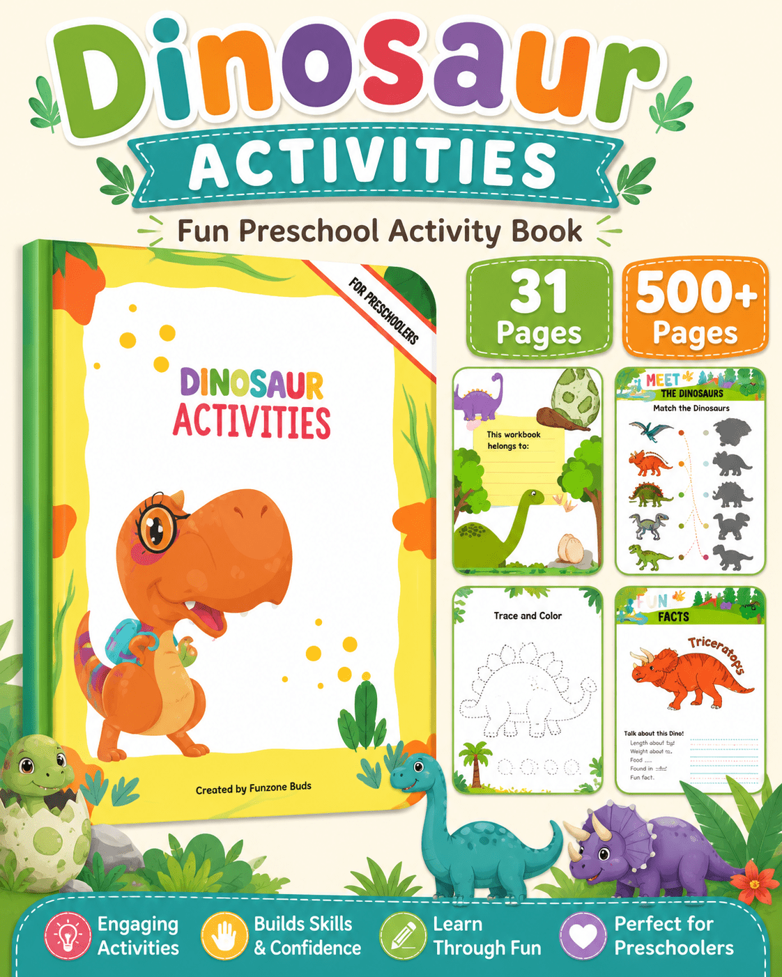 Dinosaur Activities Preschool Workbook – 31 Printable Pages + 500 Bonus Worksheets | Fun Dinosaur Activity Book for Kids Ages 3–6 | Coloring, Tracing, Matching, Cut &amp; Paste - sproutly