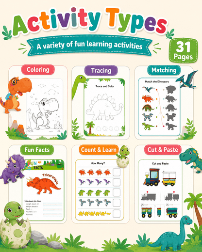Dinosaur Activities Preschool Workbook – 31 Printable Pages + 500 Bonus Worksheets | Fun Dinosaur Activity Book for Kids Ages 3–6 | Coloring, Tracing, Matching, Cut &amp; Paste - sproutly