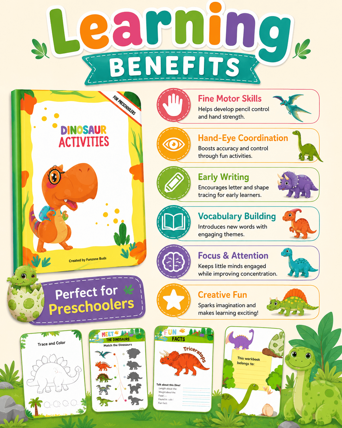 Dinosaur Activities Preschool Workbook – 31 Printable Pages + 500 Bonus Worksheets | Fun Dinosaur Activity Book for Kids Ages 3–6 | Coloring, Tracing, Matching, Cut &amp; Paste - sproutly