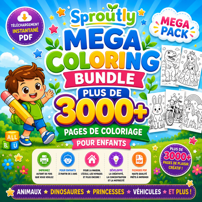 Mega Pack de Coloriage Enfants 3000+ Pages PDF, Livre de Coloriage Imprimable, Activités Créatives, Animaux Dinosaures Princesses, Téléchargement Instantané - sproutly