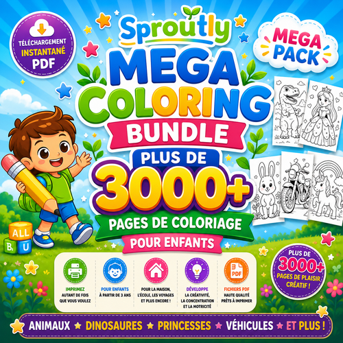 Mega Pack de Coloriage Enfants 3000+ Pages PDF, Livre de Coloriage Imprimable, Activités Créatives, Animaux Dinosaures Princesses, Téléchargement Instantané - sproutly