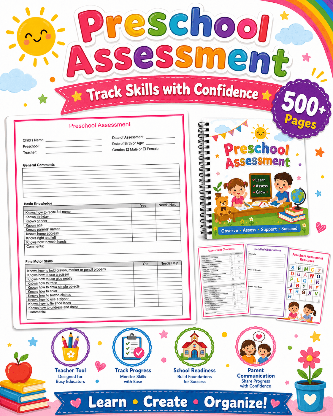 Preschool Classroom Worksheets Printable Bundle | 500+ Pages of Finger Puppets, Bracelets, Name Cards &amp; Assessment Tools for Pre-K &amp; Kindergarten - sproutly