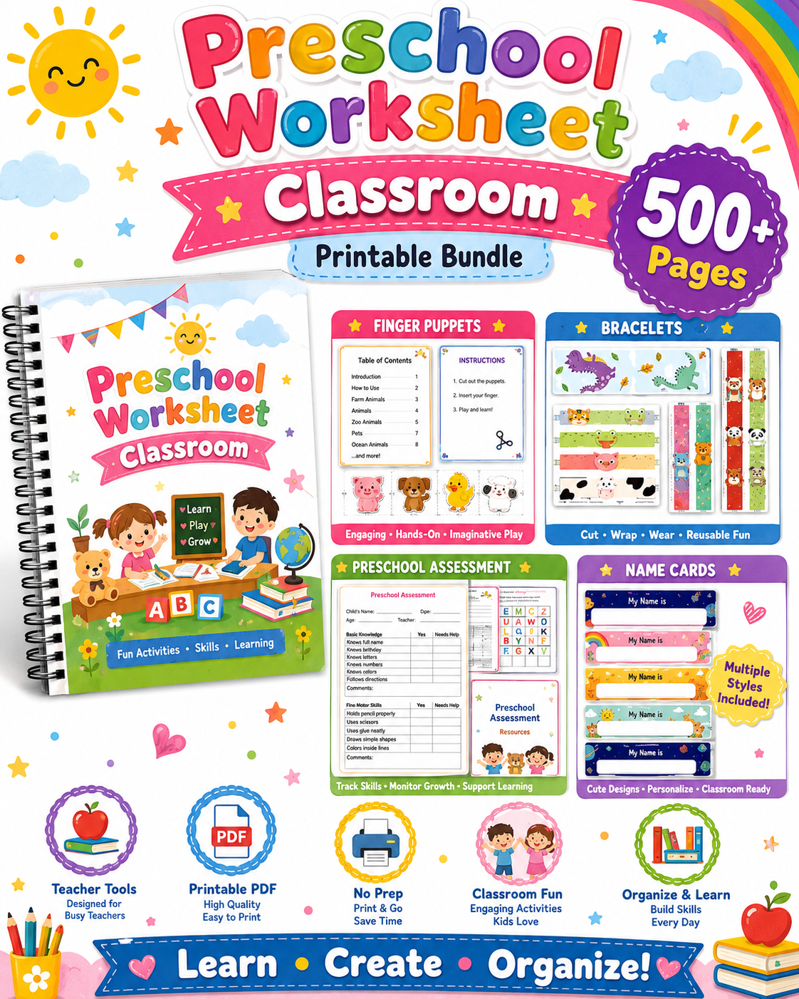 Preschool Classroom Worksheets Printable Bundle | 500+ Pages of Finger Puppets, Bracelets, Name Cards &amp; Assessment Tools for Pre-K &amp; Kindergarten - sproutly