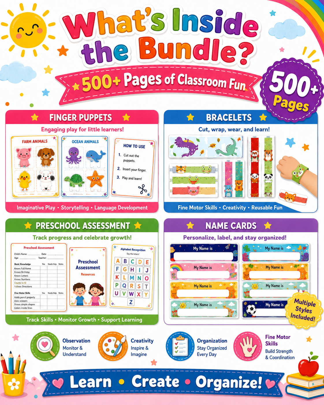 Preschool Classroom Worksheets Printable Bundle | 500+ Pages of Finger Puppets, Bracelets, Name Cards &amp; Assessment Tools for Pre-K &amp; Kindergarten - sproutly