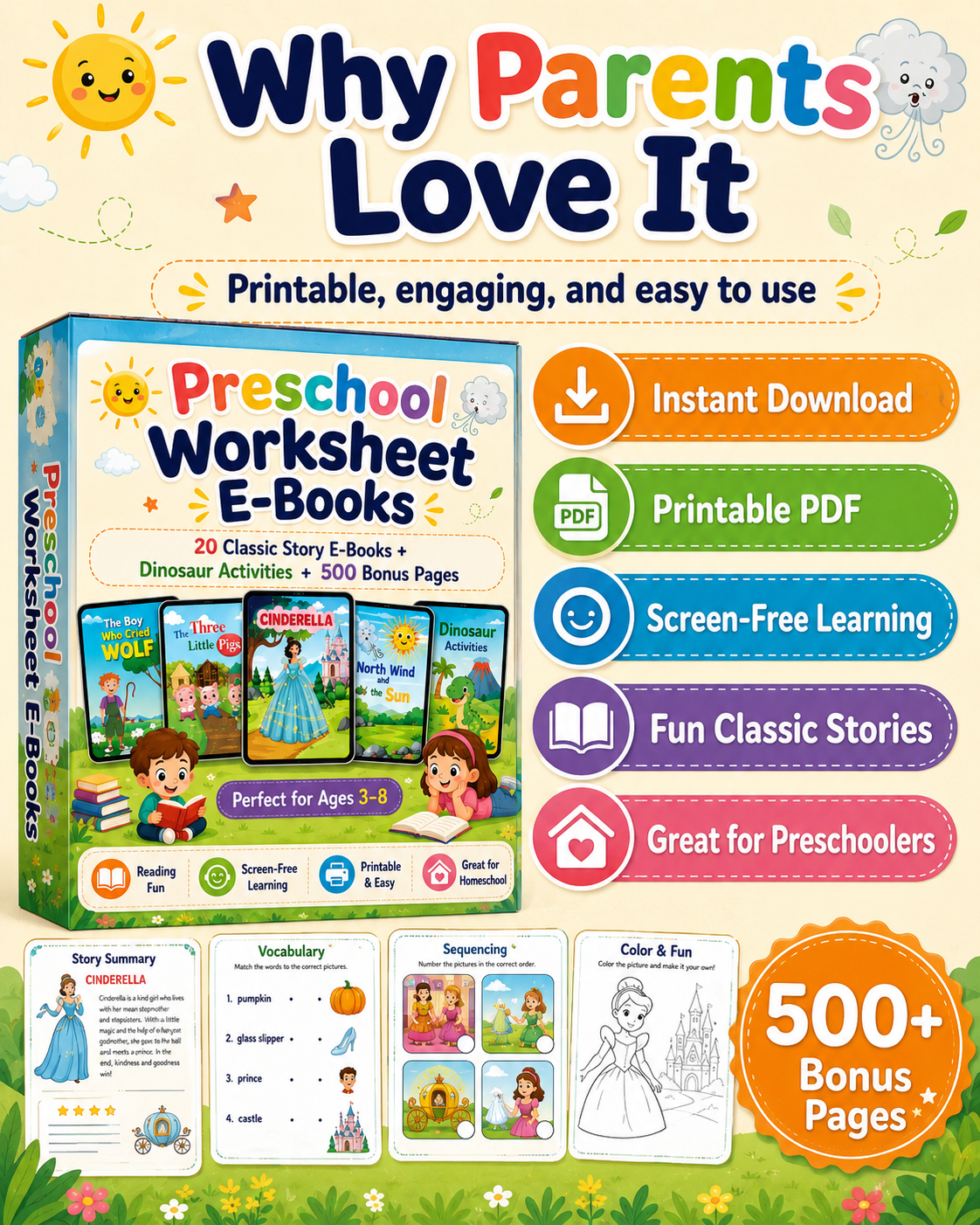 Preschool Worksheet E-Books Bundle – 20 Classic Story E-Books + Dinosaur Activities + 500 Bonus Printable Pages | Kids Reading &amp; Activity PDFs Ages 3–8 - sproutly