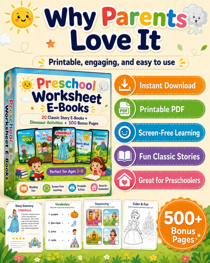 Preschool Worksheet E-Books Bundle – 20 Classic Story E-Books + Dinosaur Activities + 500 Bonus Printable Pages | Kids Reading &amp; Activity PDFs Ages 3–8 - sproutly