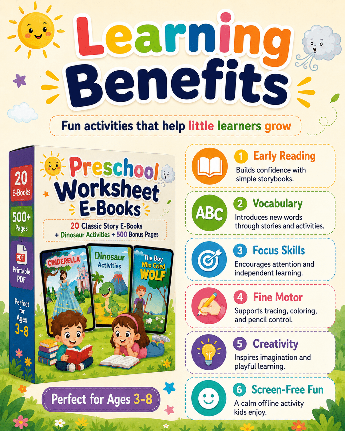 Preschool Worksheet E-Books Bundle – 20 Classic Story E-Books + Dinosaur Activities + 500 Bonus Printable Pages | Kids Reading &amp; Activity PDFs Ages 3–8 - sproutly