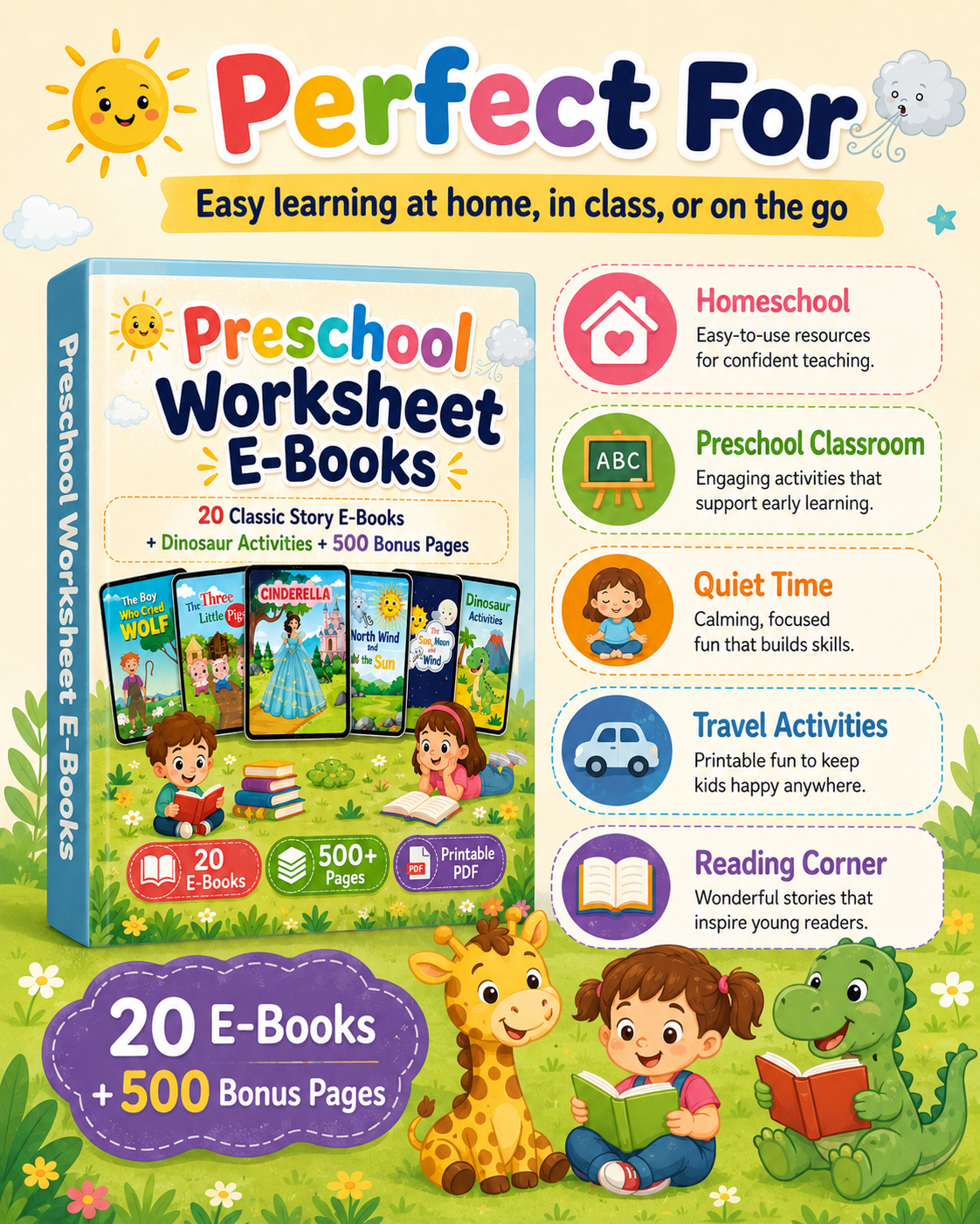 Preschool Worksheet E-Books Bundle – 20 Classic Story E-Books + Dinosaur Activities + 500 Bonus Printable Pages | Kids Reading &amp; Activity PDFs Ages 3–8 - sproutly