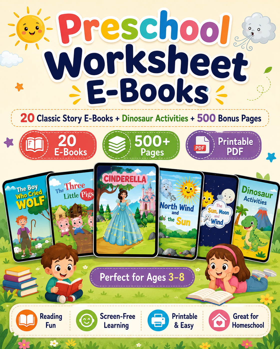 Preschool Worksheet E-Books Bundle – 20 Classic Story E-Books + Dinosaur Activities + 500 Bonus Printable Pages | Kids Reading &amp; Activity PDFs Ages 3–8 - sproutly