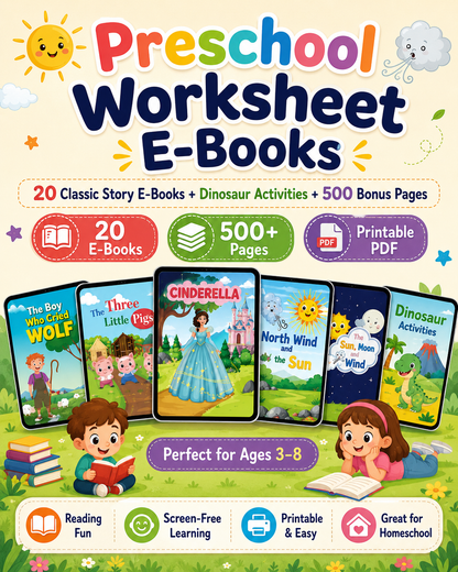 Preschool Worksheet E-Books Bundle – 20 Classic Story E-Books + Dinosaur Activities + 500 Bonus Printable Pages | Kids Reading &amp; Activity PDFs Ages 3–8 - sproutly