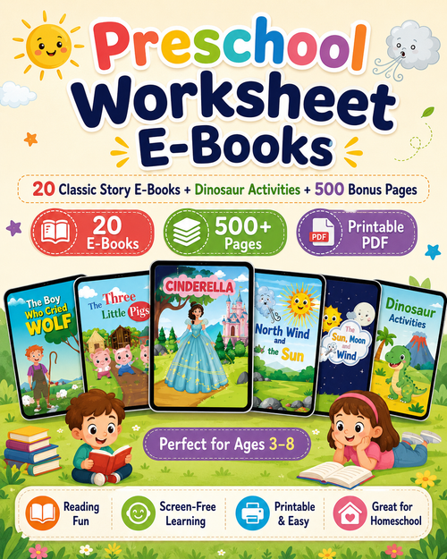Preschool Worksheet E-Books Bundle – 20 Classic Story E-Books + Dinosaur Activities + 500 Bonus Printable Pages | Kids Reading &amp; Activity PDFs Ages 3–8 - sproutly